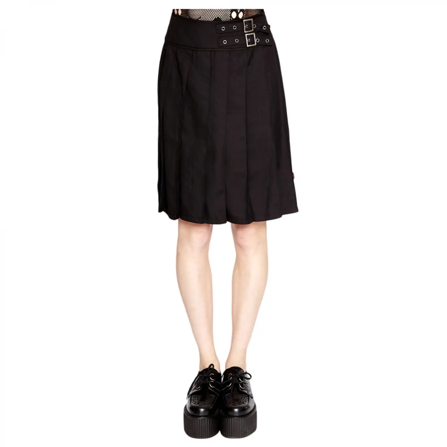 Black Gothic Steampunk Midi Skirt with buckle closure and pleated kilt design.