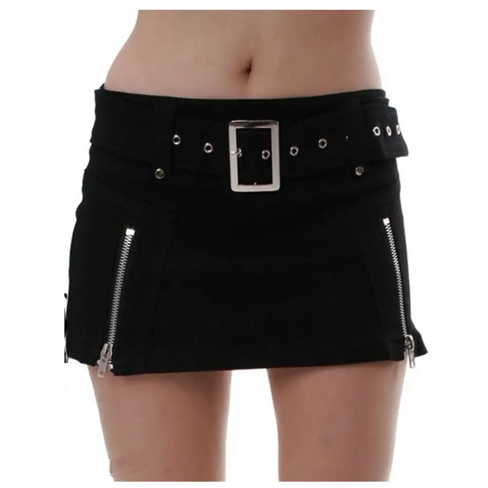 Women Black Mini Skirt Sexy Look Gothic Zipper And Belt