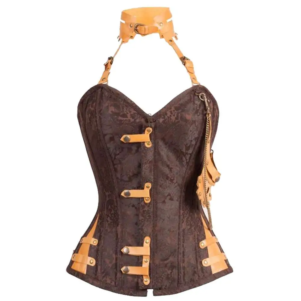 Hall Brown Steampunk Women Gothic Corset With Attached Neck Gear