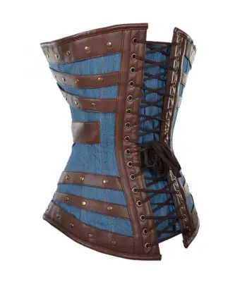 Harnock Denim Overbust Women Corset With Brown Faux Leather
