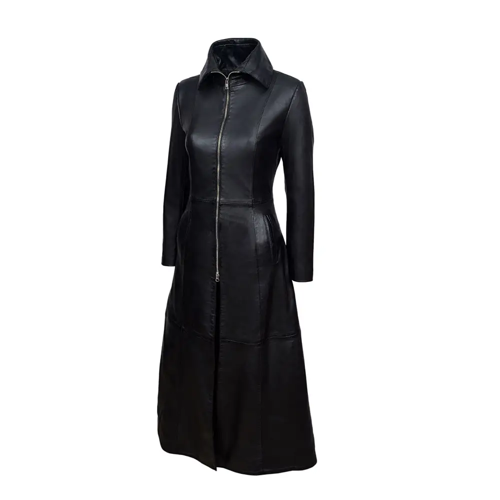 Women Vampire Black Genuine Leather Coat | Long Trench Goth Coat | Free Shipping