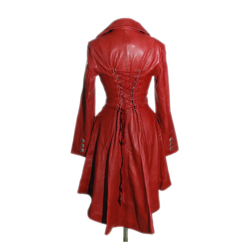 Women Double Breast Military Coat Red Leather Jacket| Steampunk Genuine Leather Coat