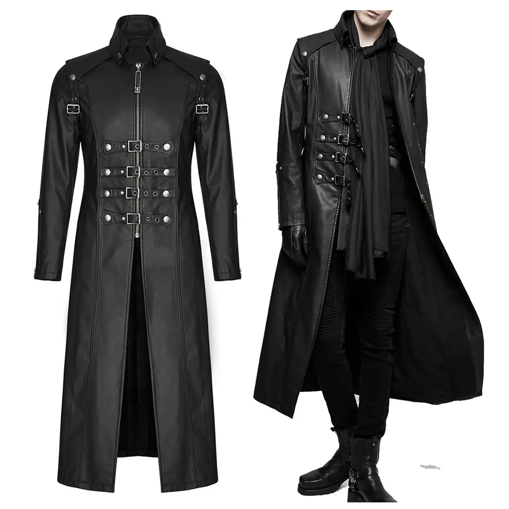 Men Long Black Gothic Coat Imitation Men leather Gothic Coat