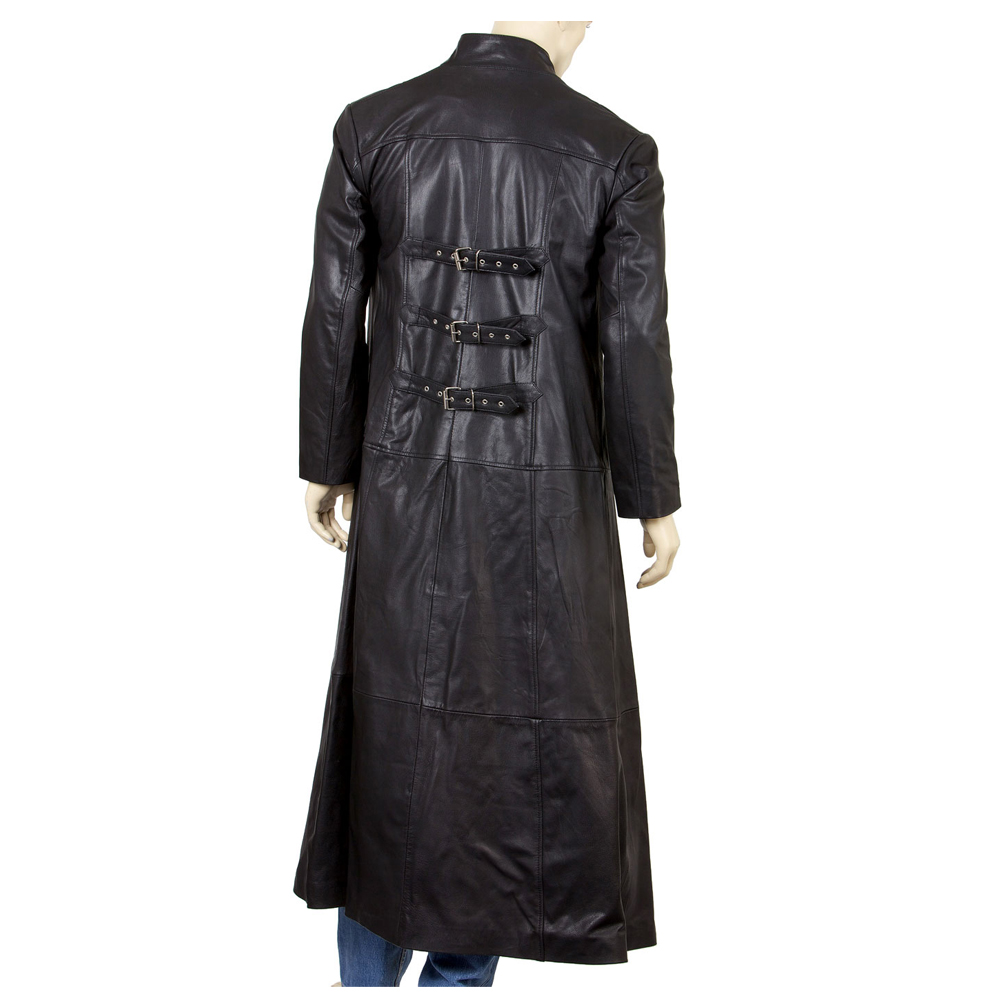 Men Gothic Leather Long Coat Full Length Military Style Leather Coat