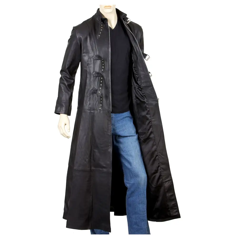 Black Leather Long Military Trench Coat Mens | Full Length Leather Buckle Coats For Sale