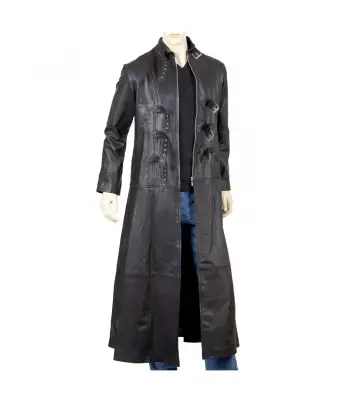 Black Leather Long Military Trench Coat Mens