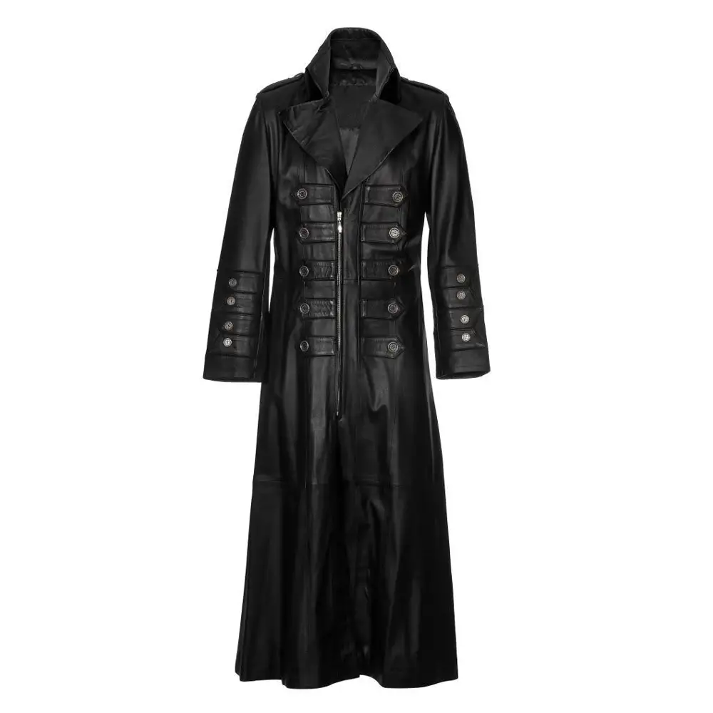Men Military Long Steampunk Trench Genuine Leather Coat