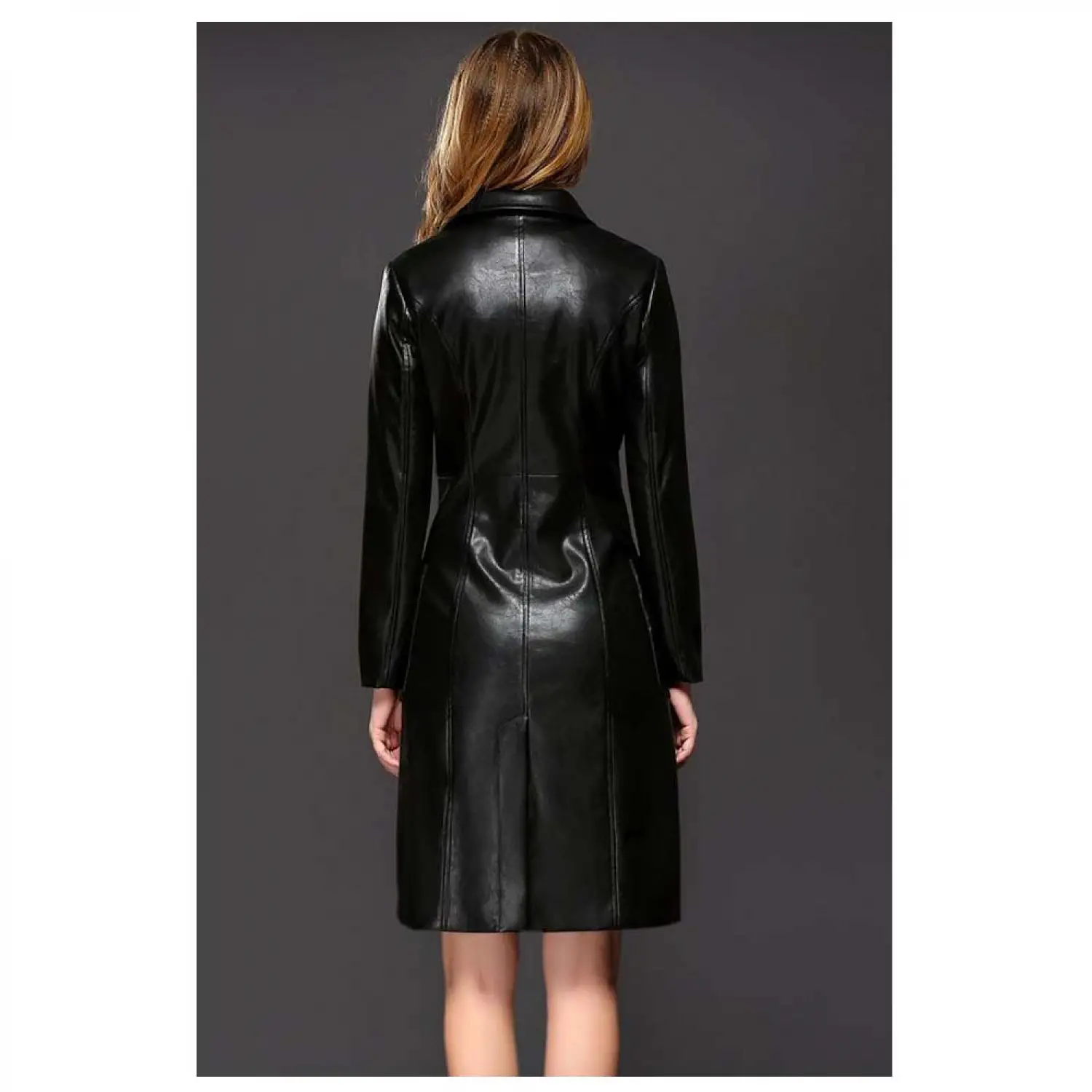 Women's Double Breasted Knee Length Black Leather Goth Coats Women's Double Breasted Knee Length Black Leather Goth Coats