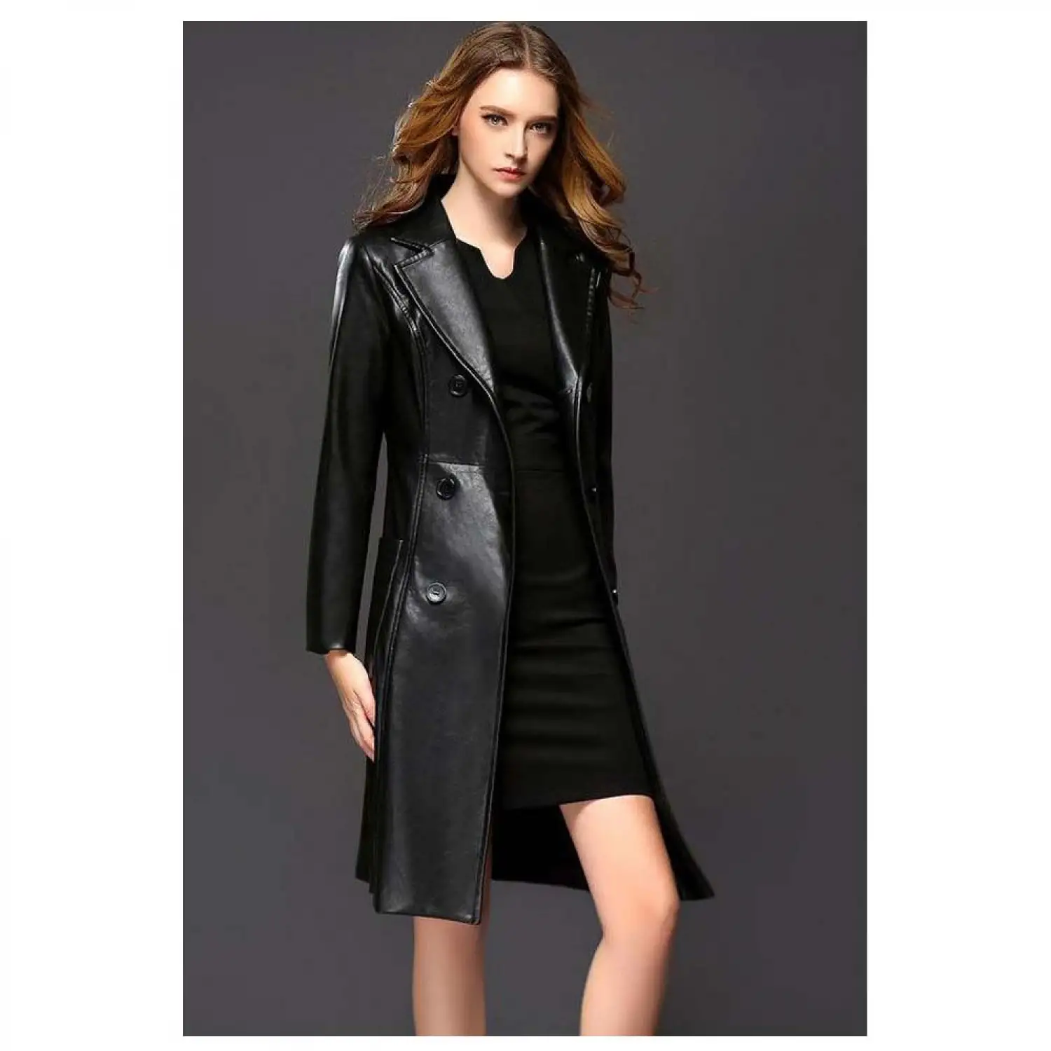 Women's Double Breasted Knee Length Black Leather Goth Coats Women's Double Breasted Knee Length Black Leather Goth Coats