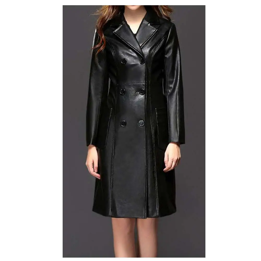 Women's Double Breasted Knee Length Black Leather Goth Coats