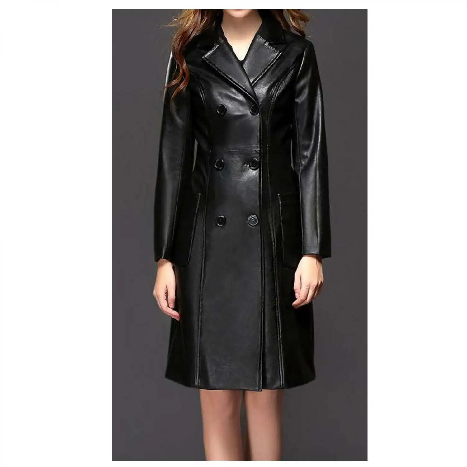 Women's Double Breasted Knee Length Black Leather Goth Coats Women's Double Breasted Knee Length Black Leather Goth Coats