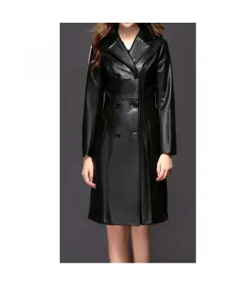 Women's Double Breasted Knee Length Black Leather Goth Coats