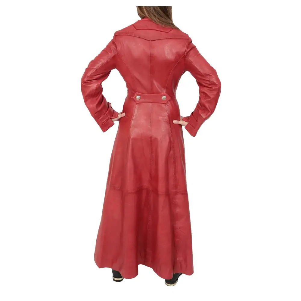 Women Full Length Military Style Trench Red Leather Coat