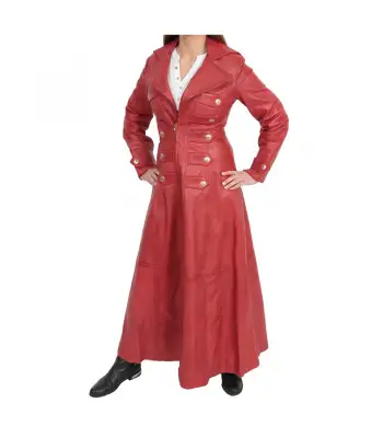 Women Full Length Military Style Trench Red Leather Coat