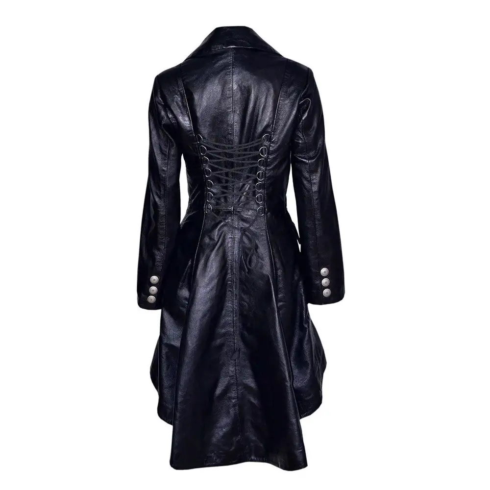 Women Gothic Victorian Black Leather Laced Coat