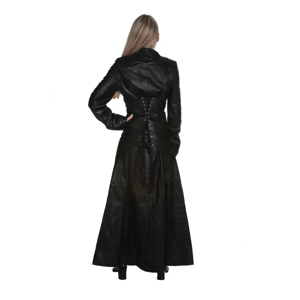 Women Long Length Black Leather Victorian Goth Coat
