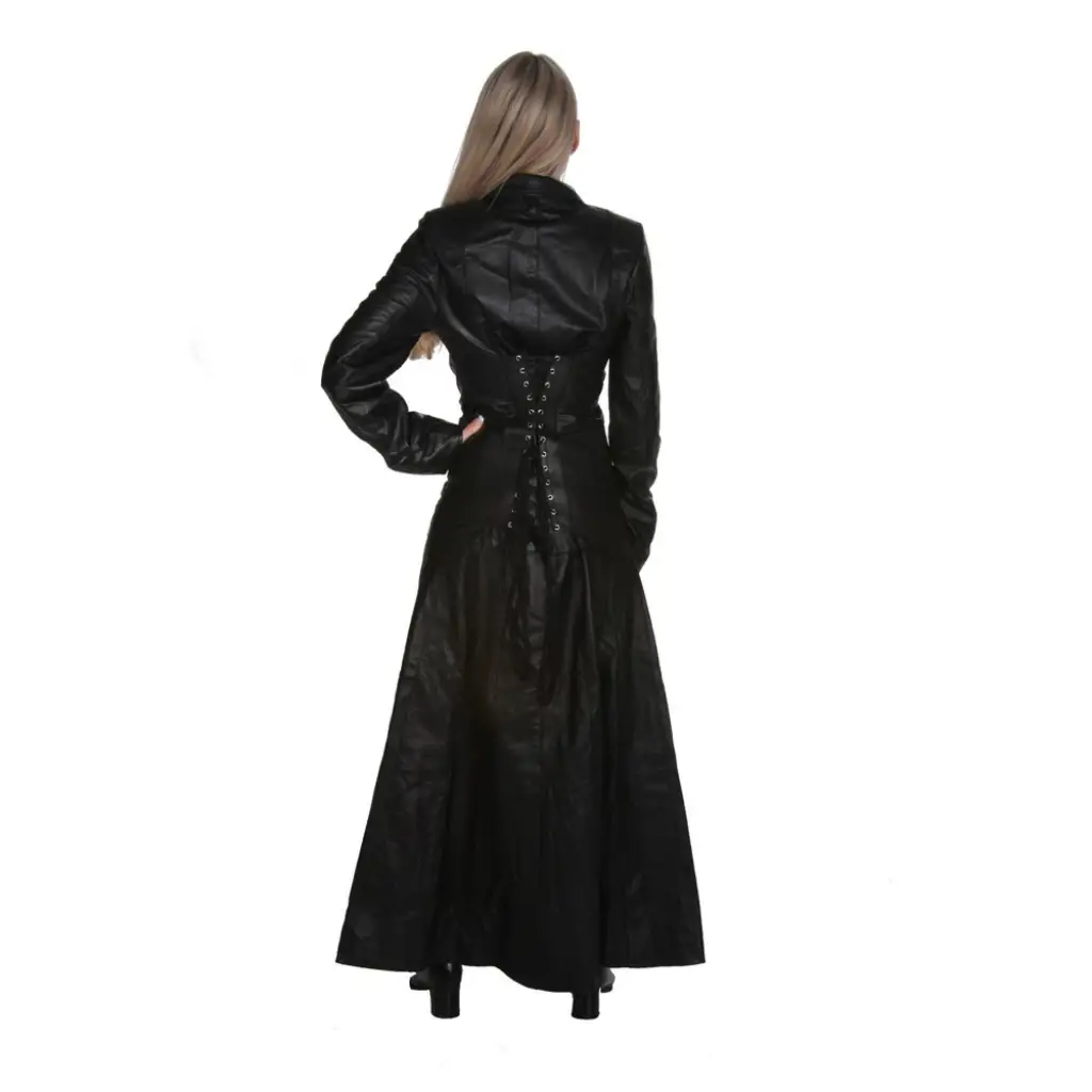 Women Long Length Black Leather Victorian Goth Coat - Image 2