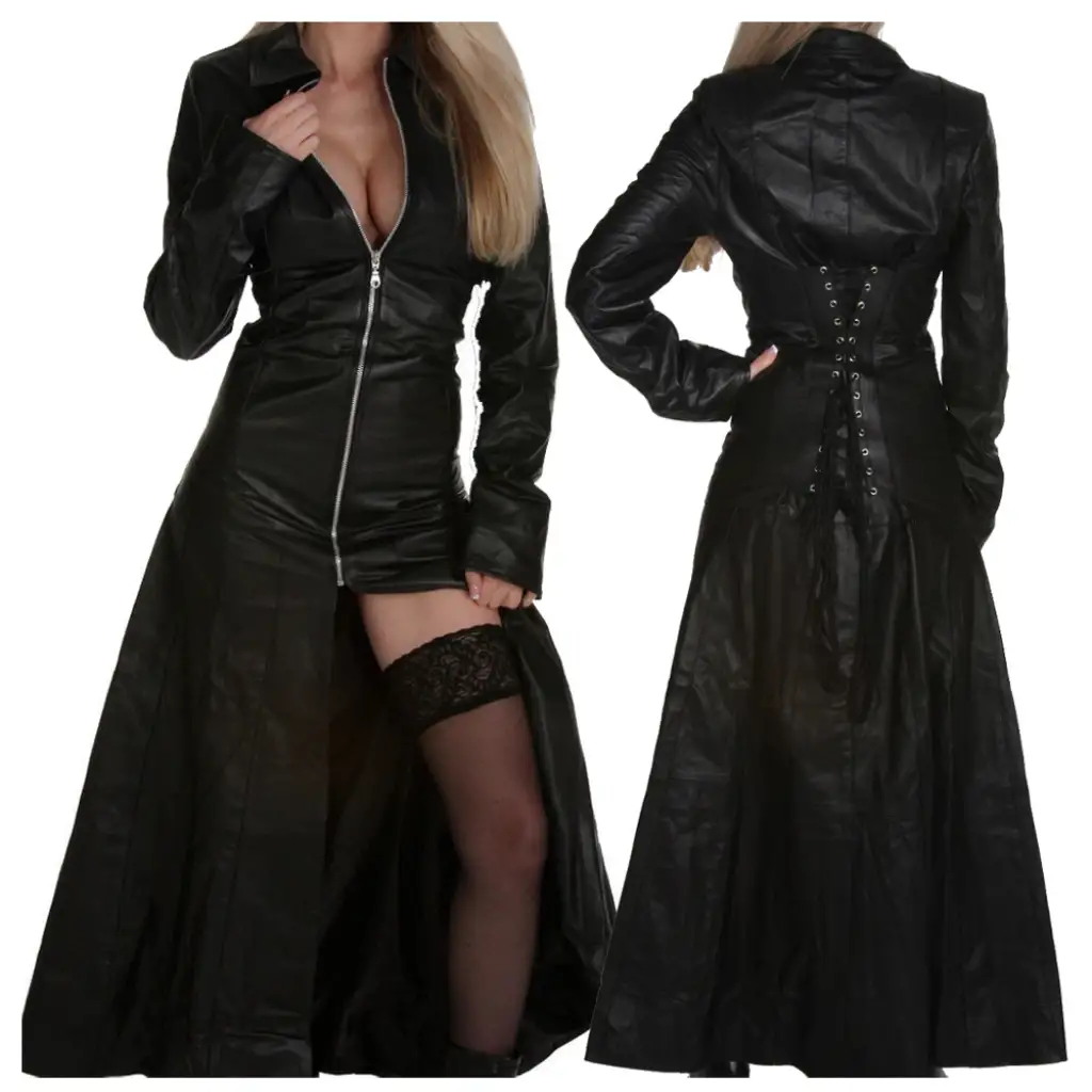 Women Long Length Black Leather Victorian Goth Coat - Image 6