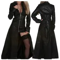 Women Long Length Black Leather Victorian Goth Coat