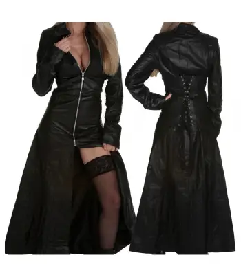 Women Long Length Black Leather Victorian Goth Coat