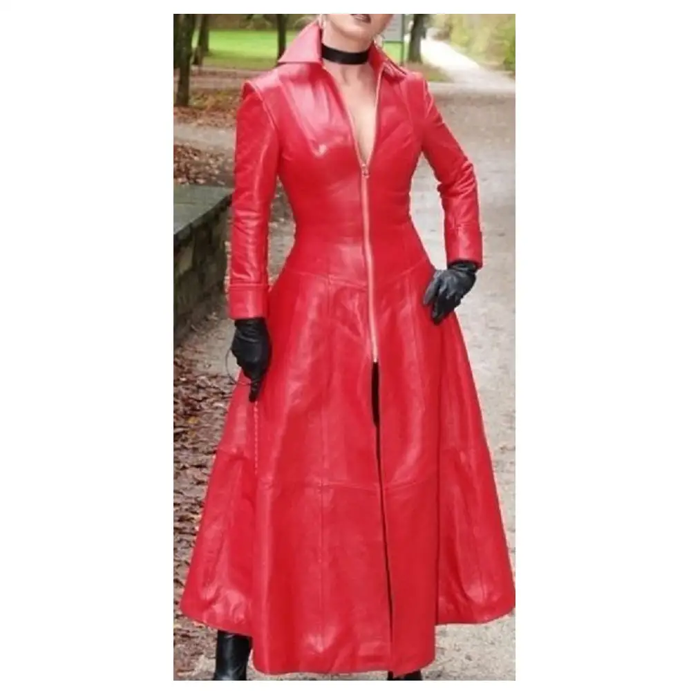 Women Long Length Victorian Red Genuine Leather Coat | Free Shipping | 15% Off