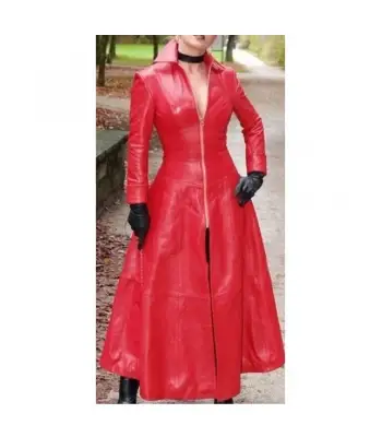 Women Long Length Victorian Red Genuine Leather Coat
