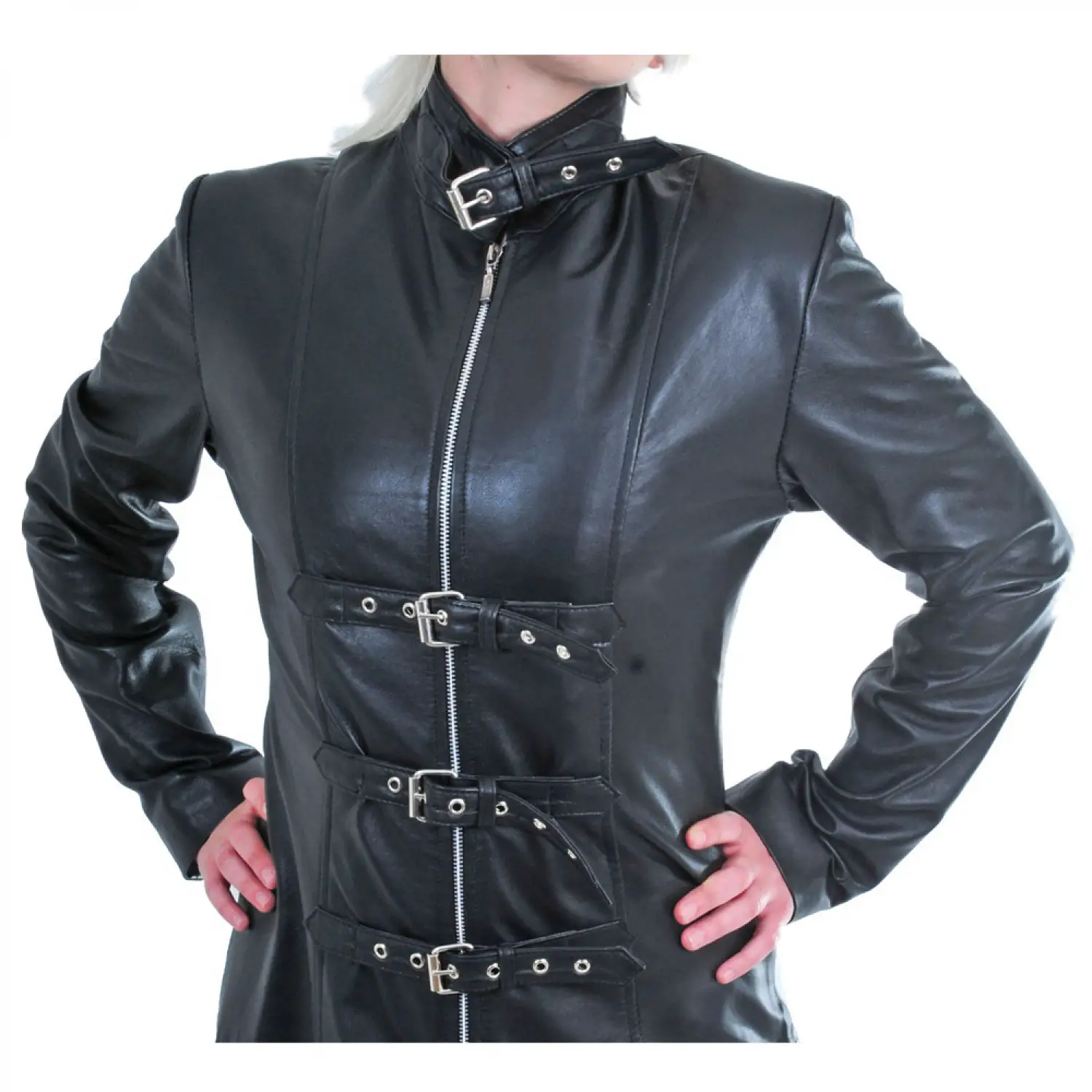 Women's black leather duster coat with matrix style high collar and zipper