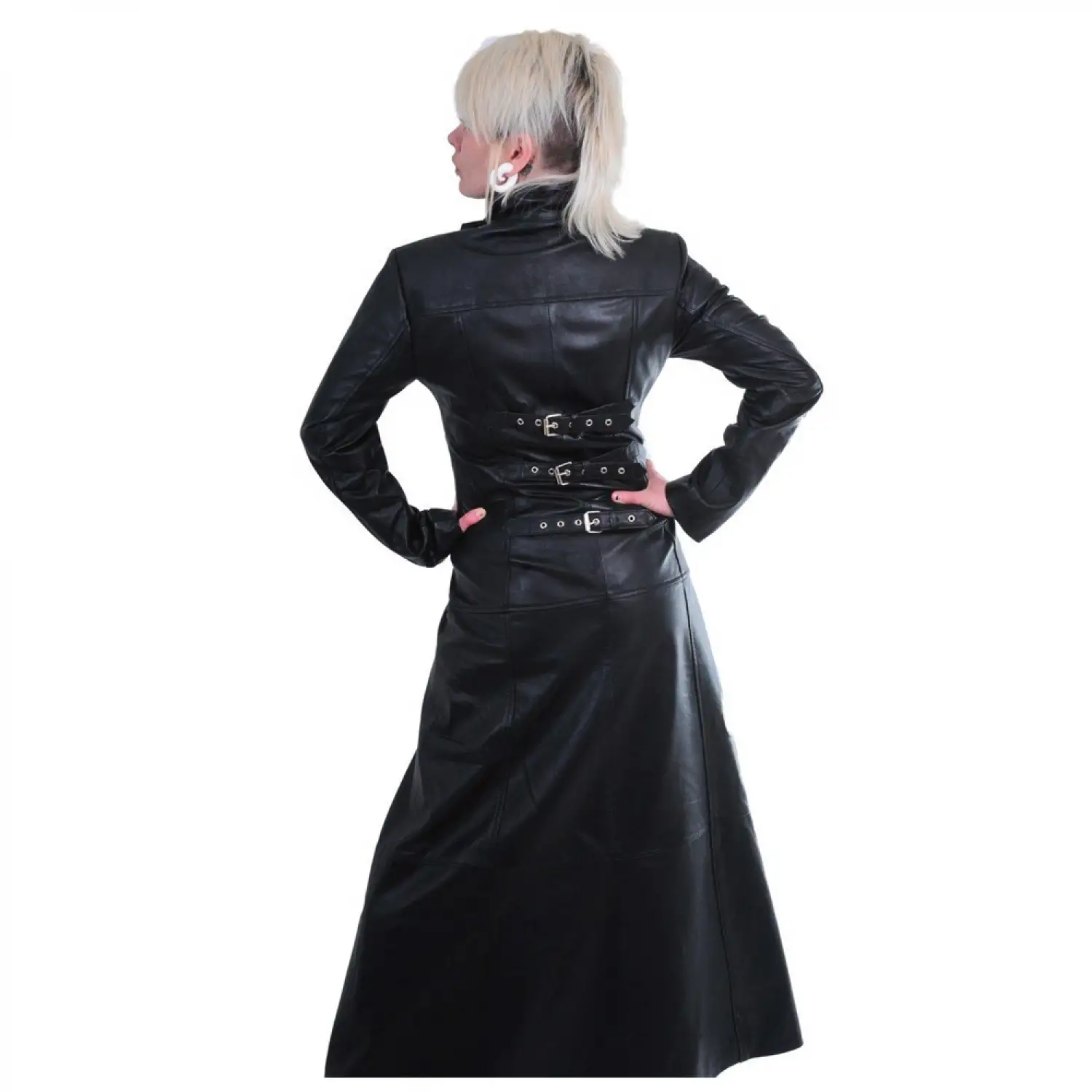 Women's black leather duster coat with matrix style high collar and zipper
