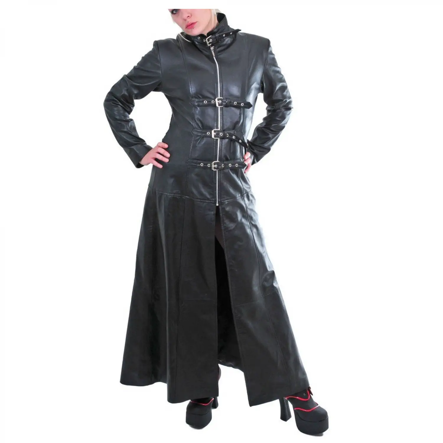 Women's black leather duster coat with matrix style high collar and zipper