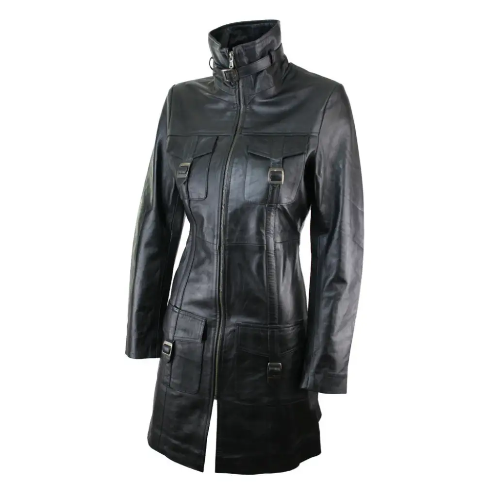 Women Vintage Soft Leather Coat Women Trench Gothic Coat - Image 4