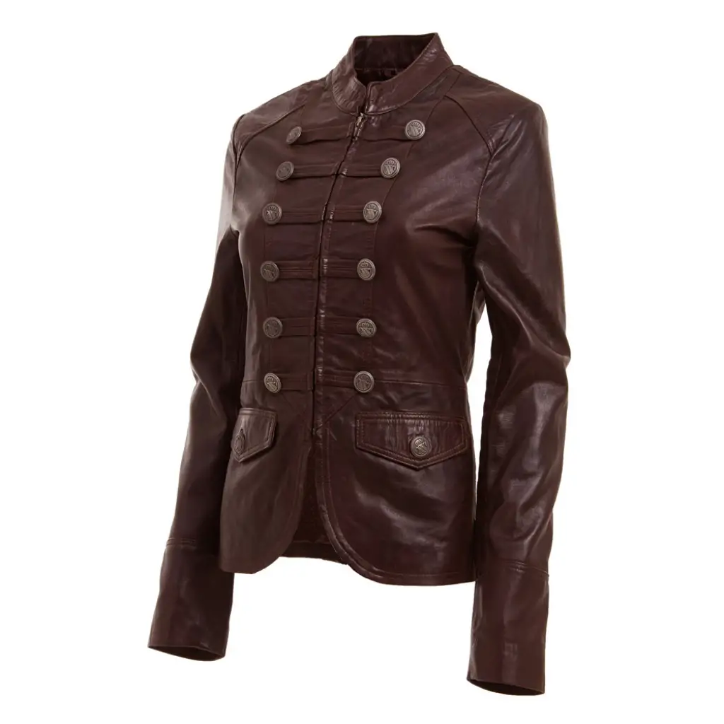 Women Brown Military Fashion Leather Gothic Jacket - Image 3