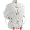 White Industrial Strap Jacket Goth Buckle Style white industrial goth jacket with a high collar and multiple buckle straps.