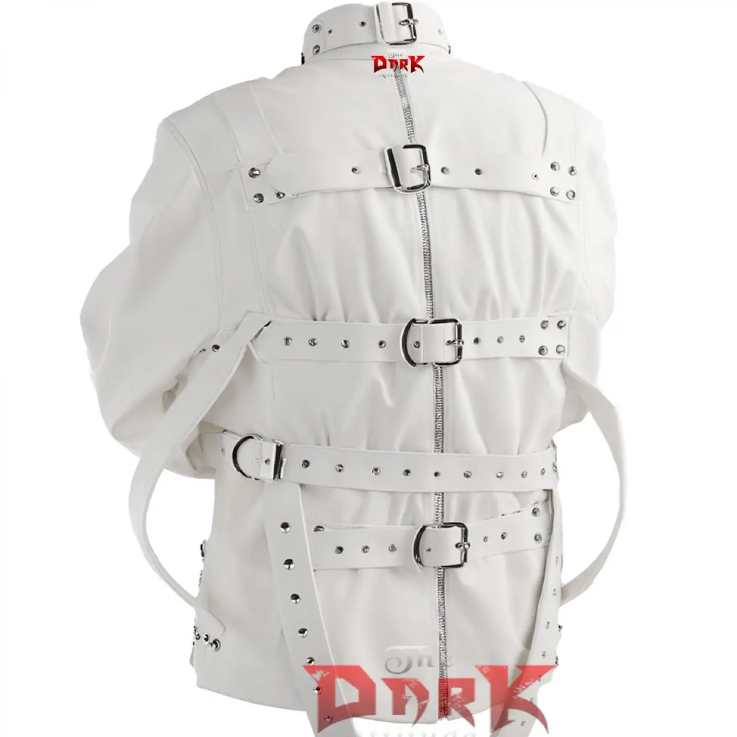 White Industrial Strap Jacket Goth Buckle Style white industrial goth jacket with a high collar and multiple buckle straps.