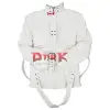 White Industrial Strap Jacket Goth Buckle Style white industrial goth jacket with a high collar and multiple buckle straps.