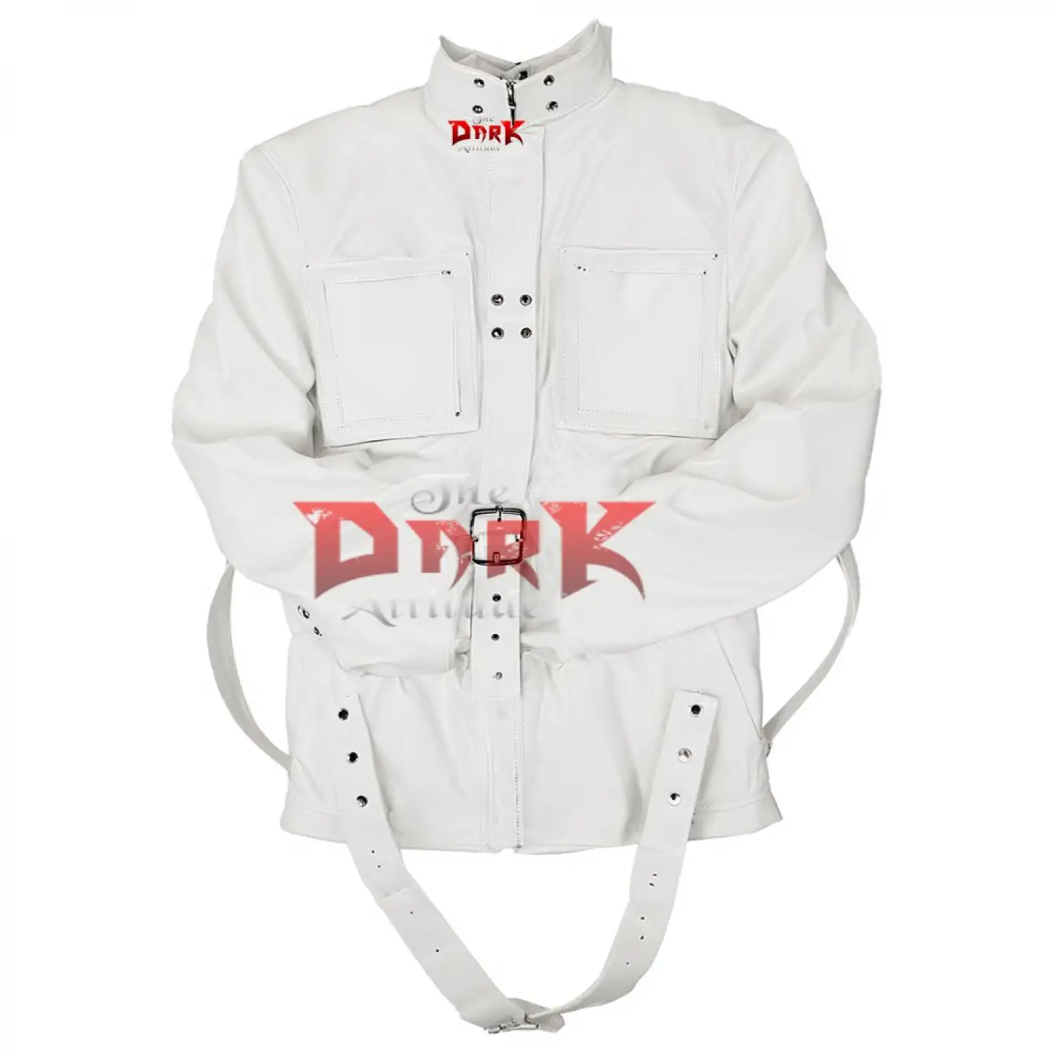 White Industrial Strap Jacket Goth Buckle Style white industrial goth jacket with a high collar and multiple buckle straps.