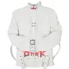 White Industrial Strap Jacket Goth Buckle Style white industrial goth jacket with a high collar and multiple buckle straps.