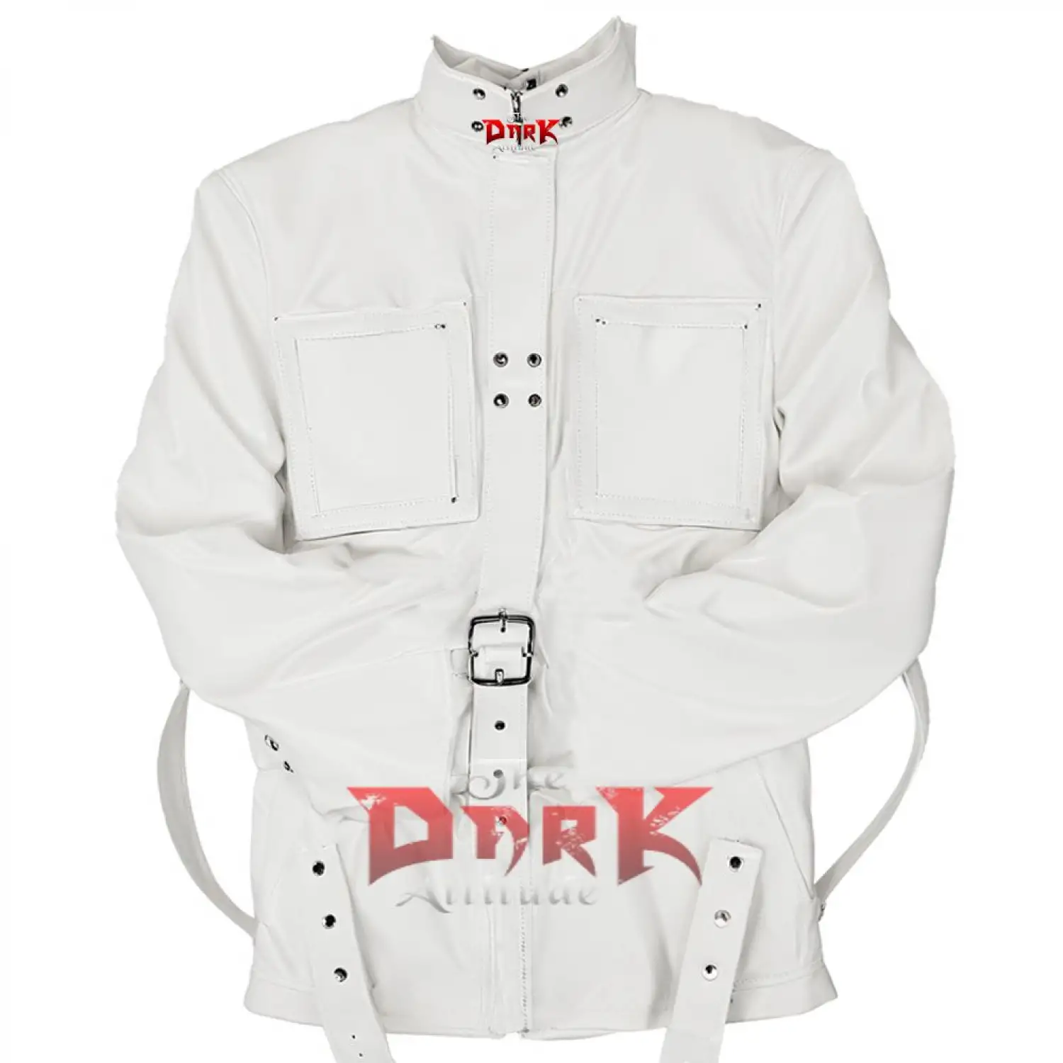 White Industrial Strap Jacket Goth Buckle Style white industrial goth jacket with a high collar and multiple buckle straps.