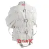 White Industrial Strap Jacket Goth Buckle Style white industrial goth jacket with a high collar and multiple buckle straps.