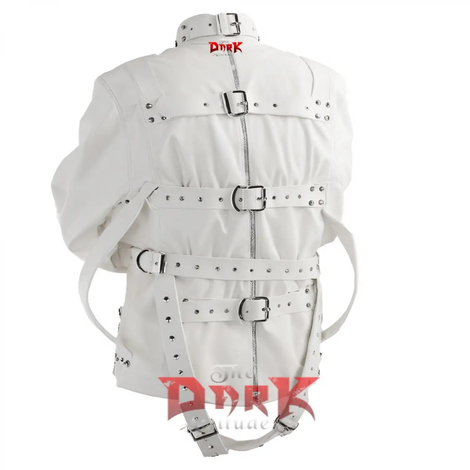 White Industrial Strap Jacket Goth Buckle Style white industrial goth jacket with a high collar and multiple buckle straps.