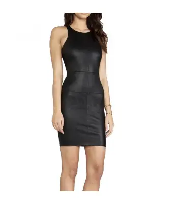 Women Sleeveless Black Leather Dress Short Body Slim Fit Leather Dress