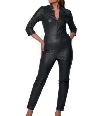 Women Black Leather CATSUIT Slim Fit Stand-Up Collar