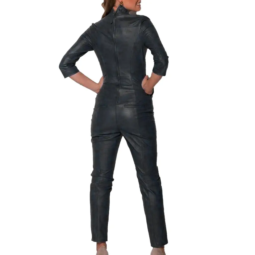 Women Black Leather CATSUIT Slim Fit Stand-Up Collar Blue genuine Leather CATSUIT