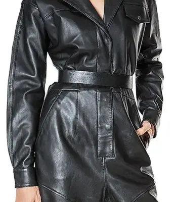 Belted Black Leather Jumpsuit Women Slim Fit Genuine Leather CATSUIT