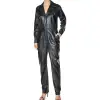 Belted Black Leather Jumpsuit Women Slim Fit Genuine Leather CATSUIT