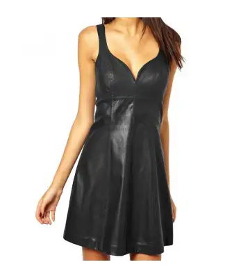Sexy Night Club Black Genuine Leather Mini Dress