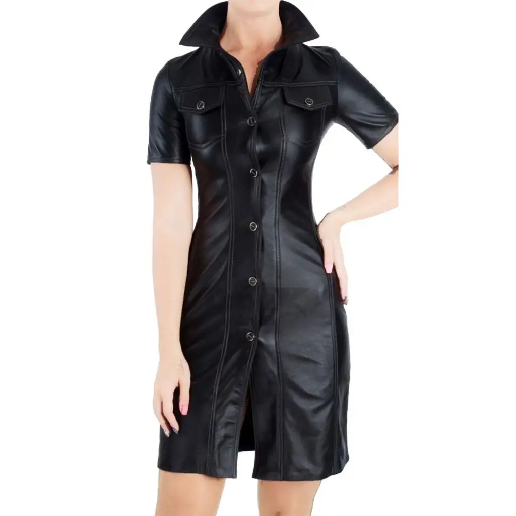 Night Club Party Dress High Collar Mini Black Leather Dress