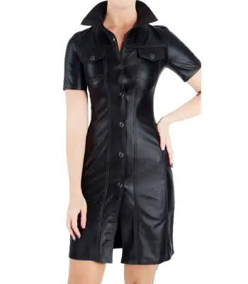 Night Club Party High Collar Mini Black Leather Dress