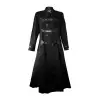 Men's black industrial duster coat with horizontal buckle straps and high collar