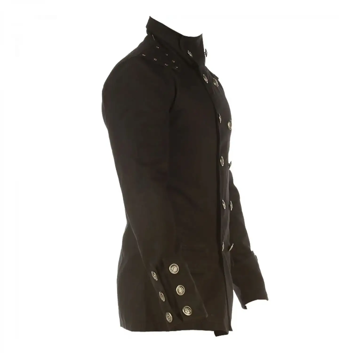 Men's double-breasted gothic military jacket, black trench coat with officer-inspired buttons and structured fit.