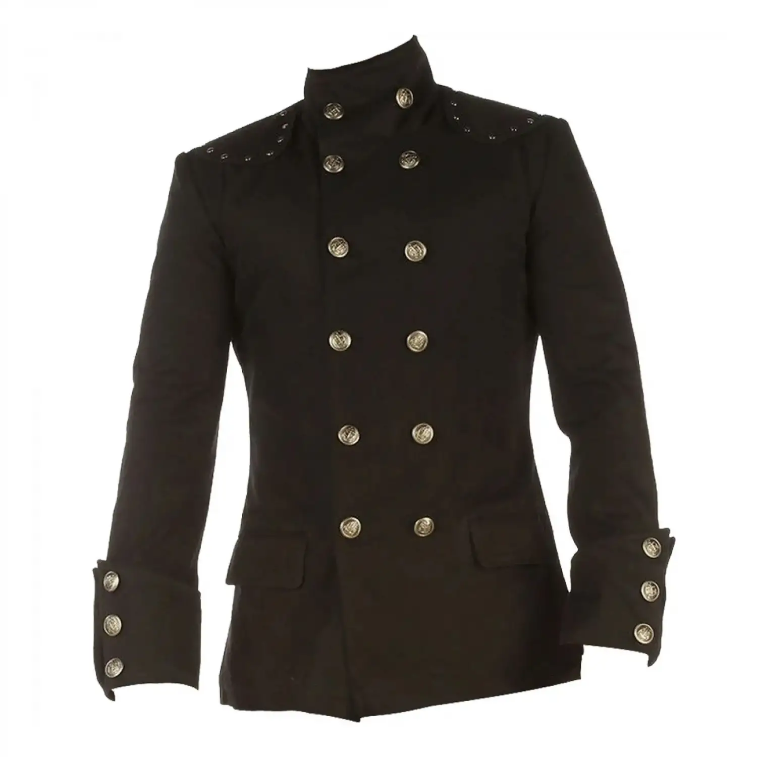 Men's double-breasted gothic military jacket, black trench coat with officer-inspired buttons and structured fit.